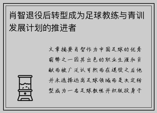 肖智退役后转型成为足球教练与青训发展计划的推进者