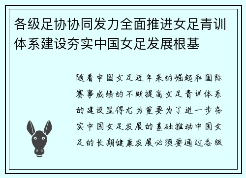 各级足协协同发力全面推进女足青训体系建设夯实中国女足发展根基 各级足协协同发力全面推进女足青训体系建设夯实中国女足发展根基